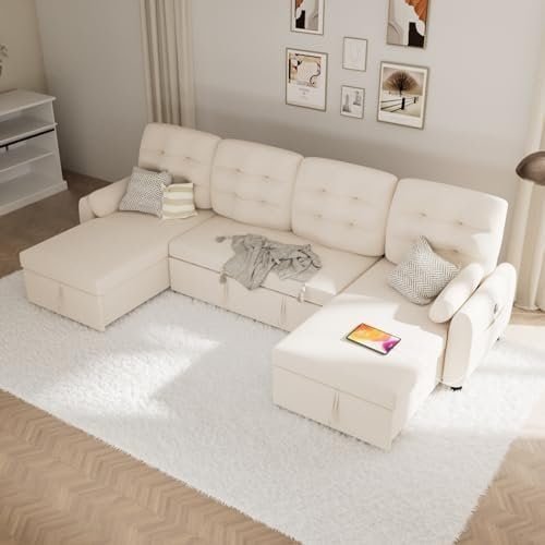 Sofa Couch, 112" Sleeper Sofa Bed with Dual Reversible Storage Chaise Pull Out Couch for Living Room