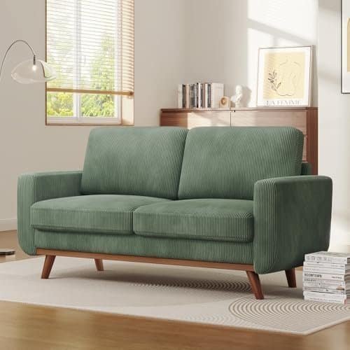 Loveseat Sofa Green, Comfy Corduroy Couch with Spring Cushion, Sofa Couch with Solid Wood, Modern Couch with Deep Seat