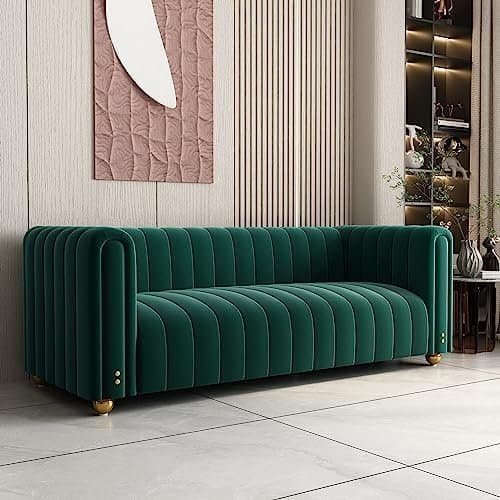 3 Seat Couch Green Velvet Couch, Mid Century Modern Couches Love Seats with Solid Wood Frame Gold Couches Legs